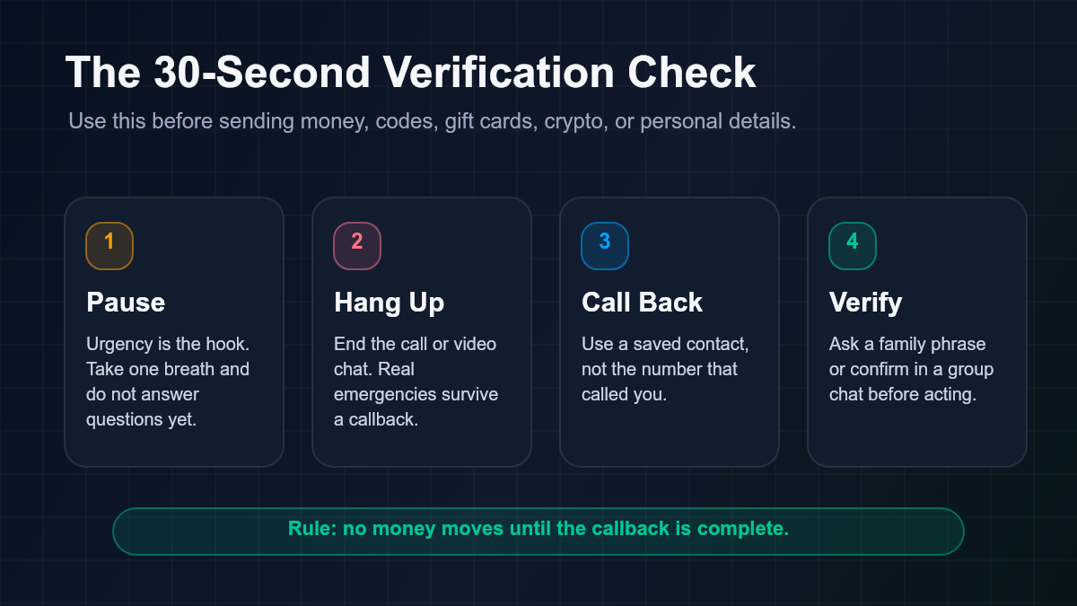 Four-step AI voice scam verification checklist: pause, hang up, call back, verify